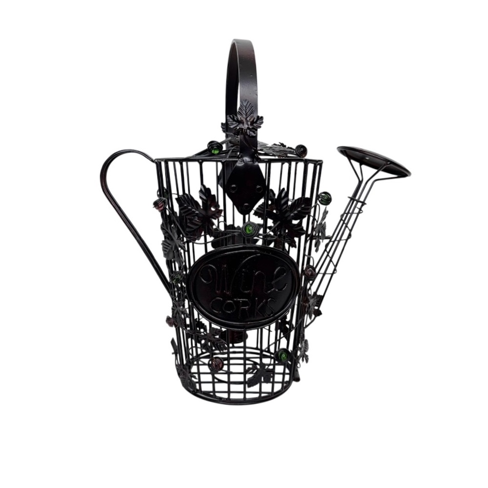 Floral Watering Can Shaped Wine Cork Holder Bronzed Black With Maroon Hue